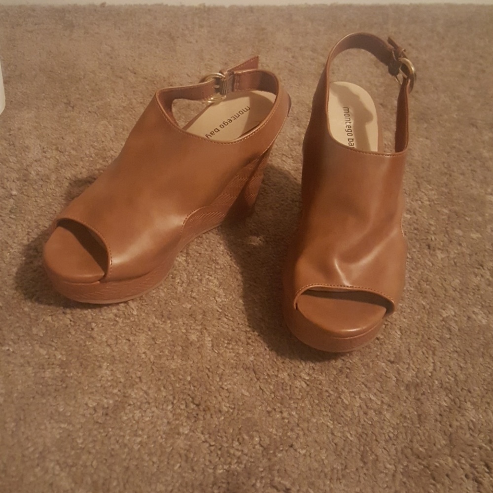 Brown peep toe wedges